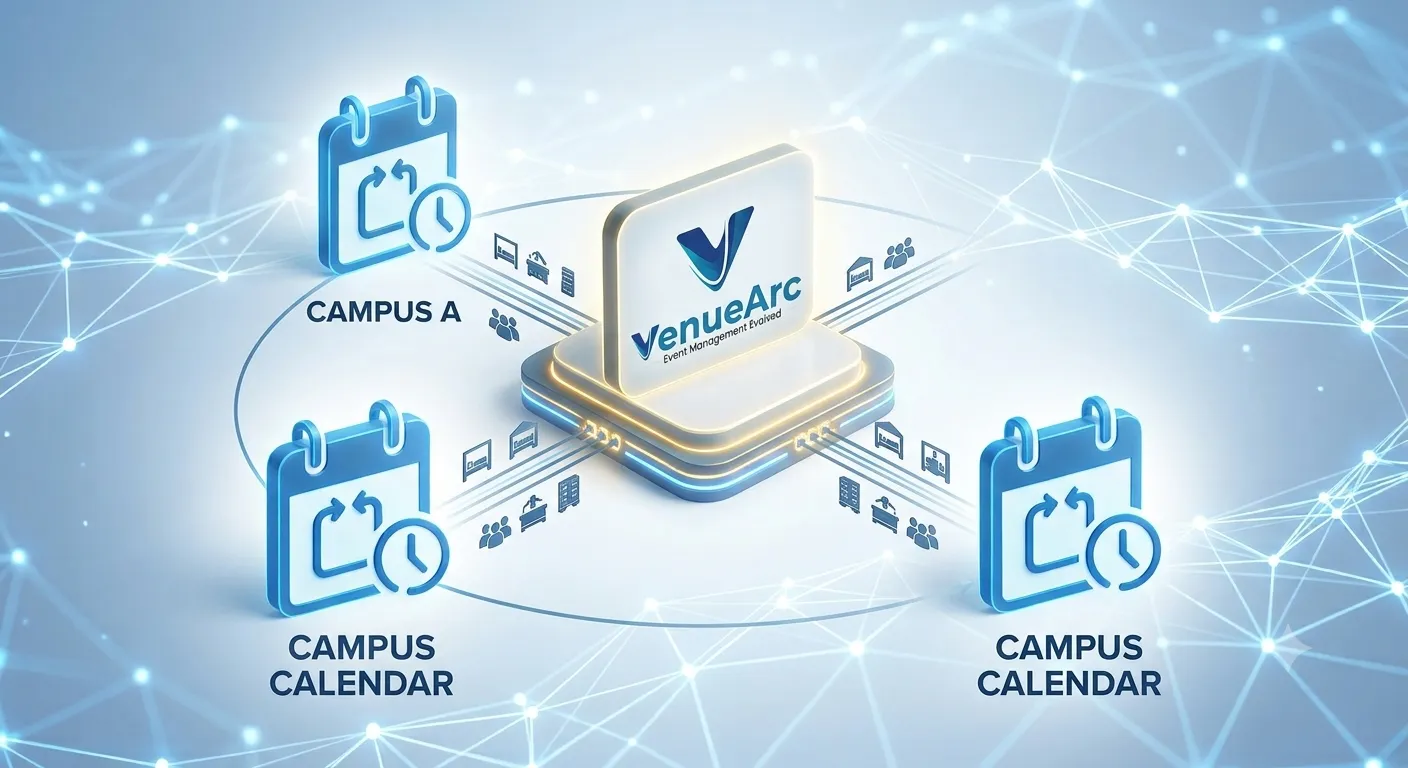 Illustration of VenueArc connecting multiple campus calendars through one central platform.