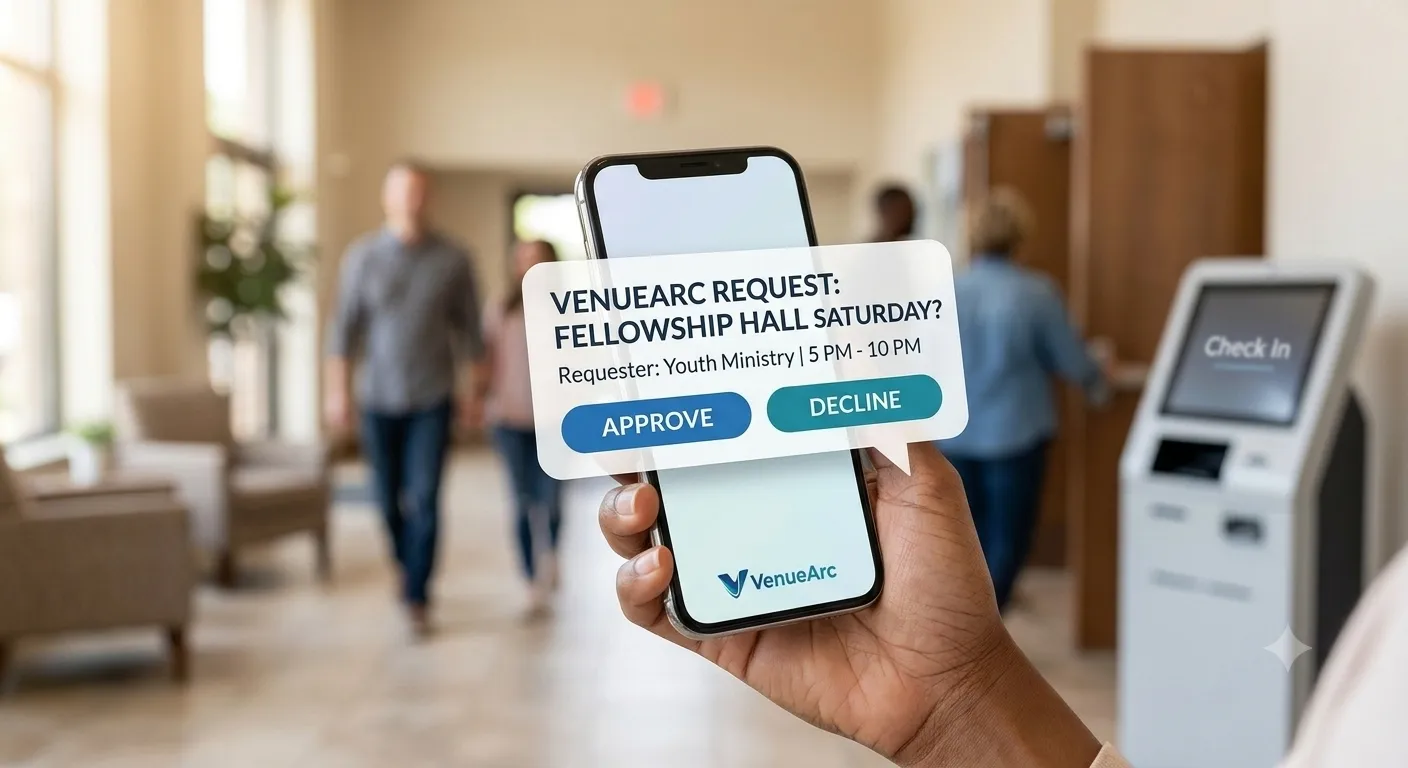 VenueArc workflow request and approval prompt on mobile.