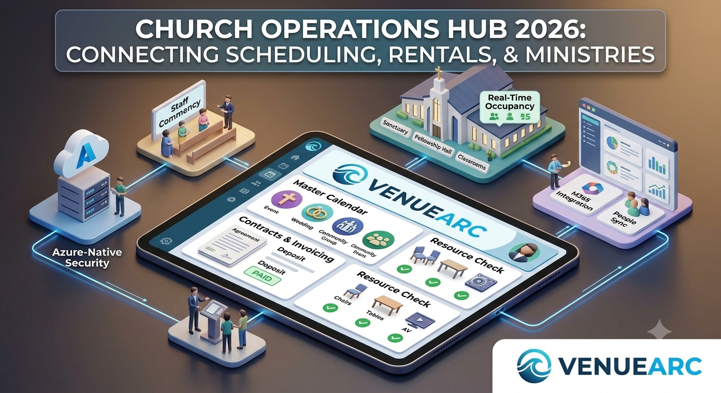 Church operations software category map for scheduling, CMMS, rentals, and ChMS