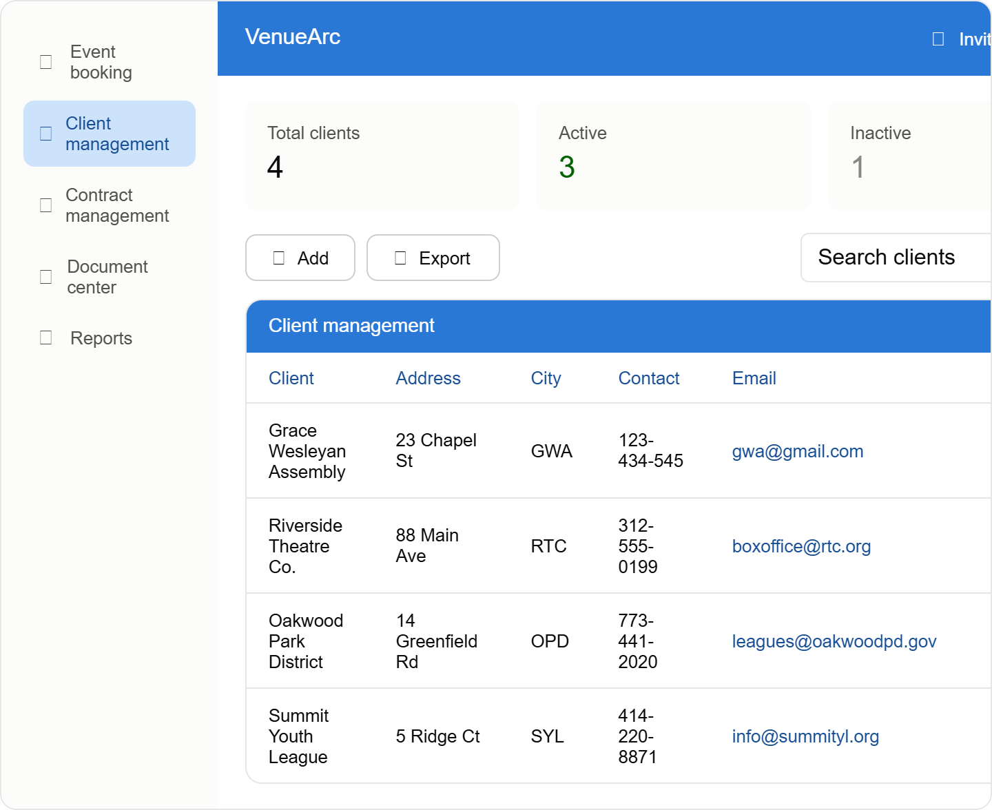 Client management software dashboard with active contacts, booking accounts, and organization records.