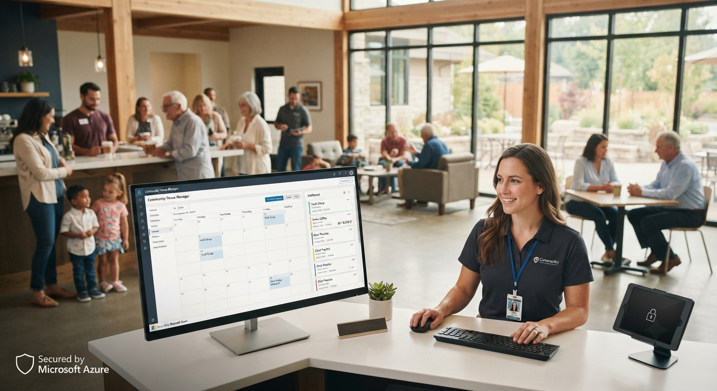 Facility team managing calendars and secure access in a community venue operations environment.