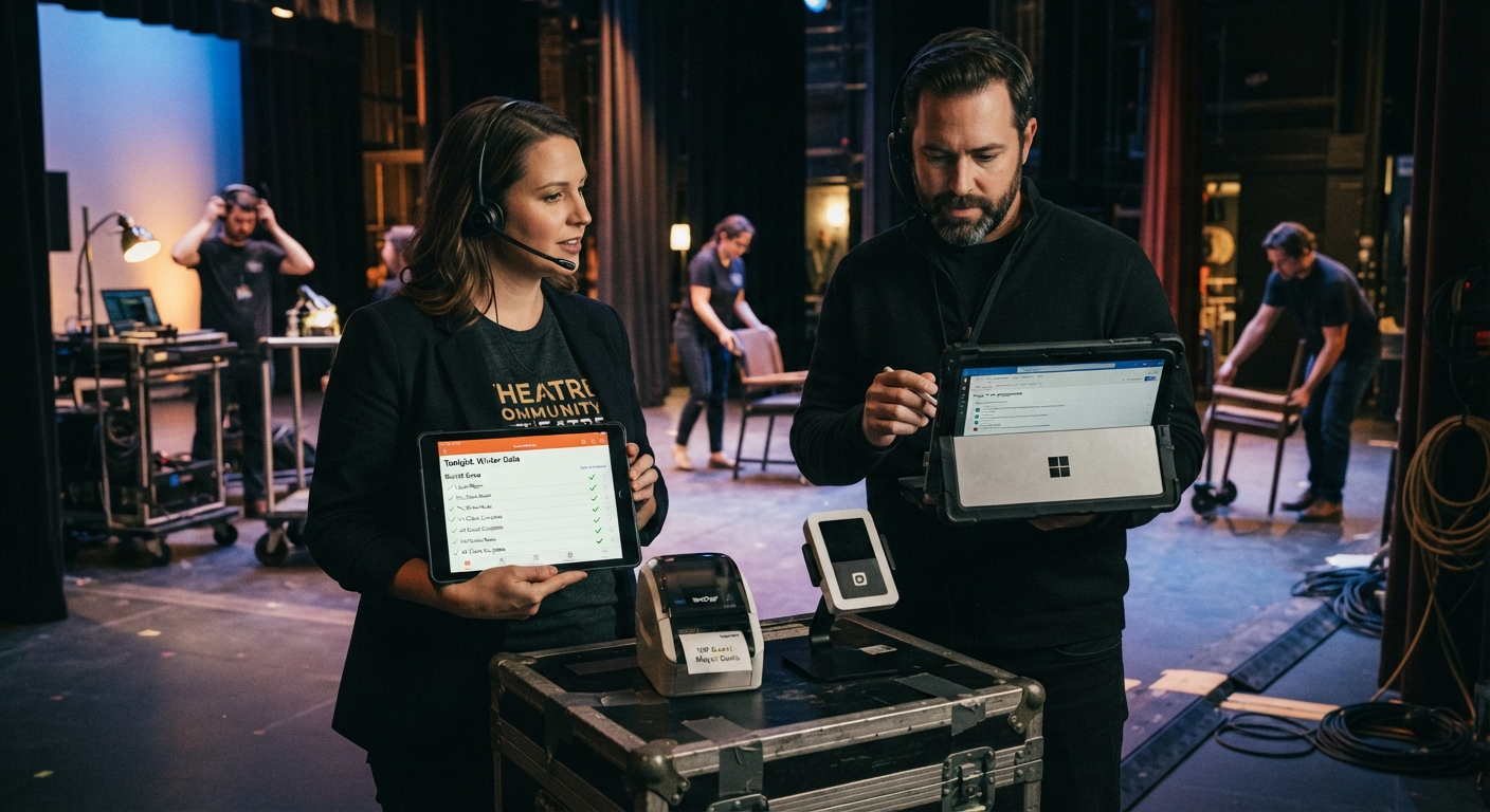 Event team coordinating production checklists and live execution workflows on tablets.