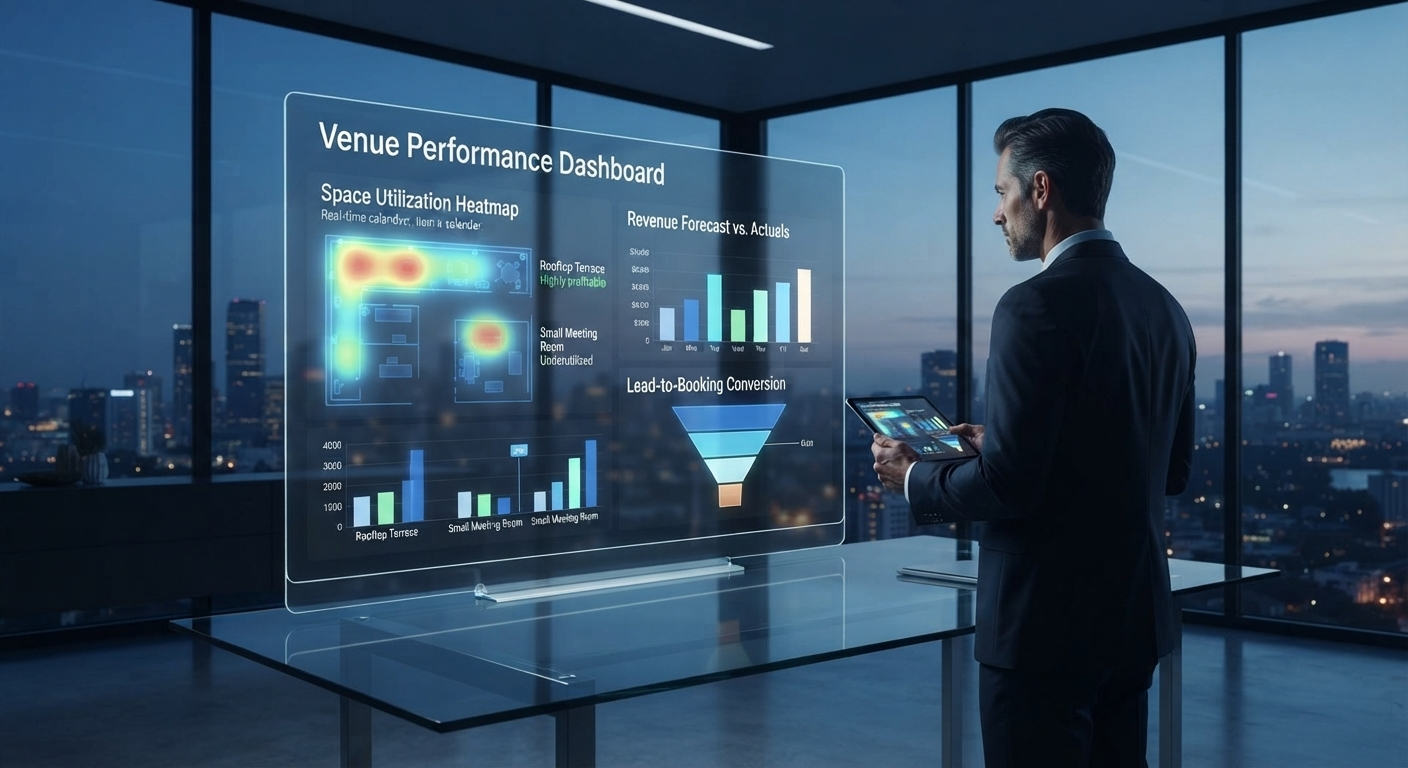 Executive venue performance dashboard for utilization, revenue, and conversion tracking