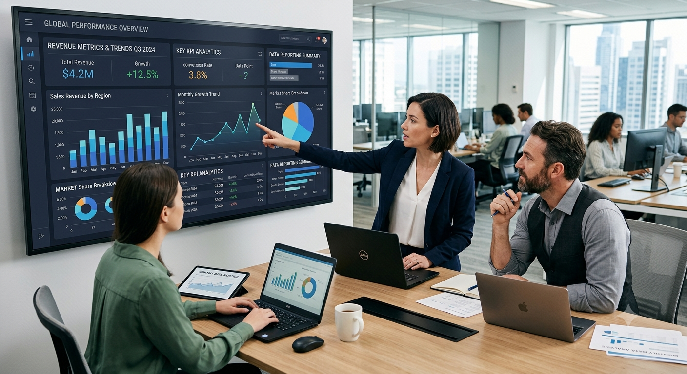 Analytics dashboard showing revenue charts, utilization graphs, KPIs, booking trends, and performance reports.