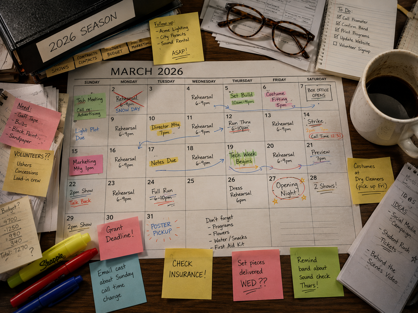 Manual theatre planning with notes, calendars, and season logistics tracked by hand.