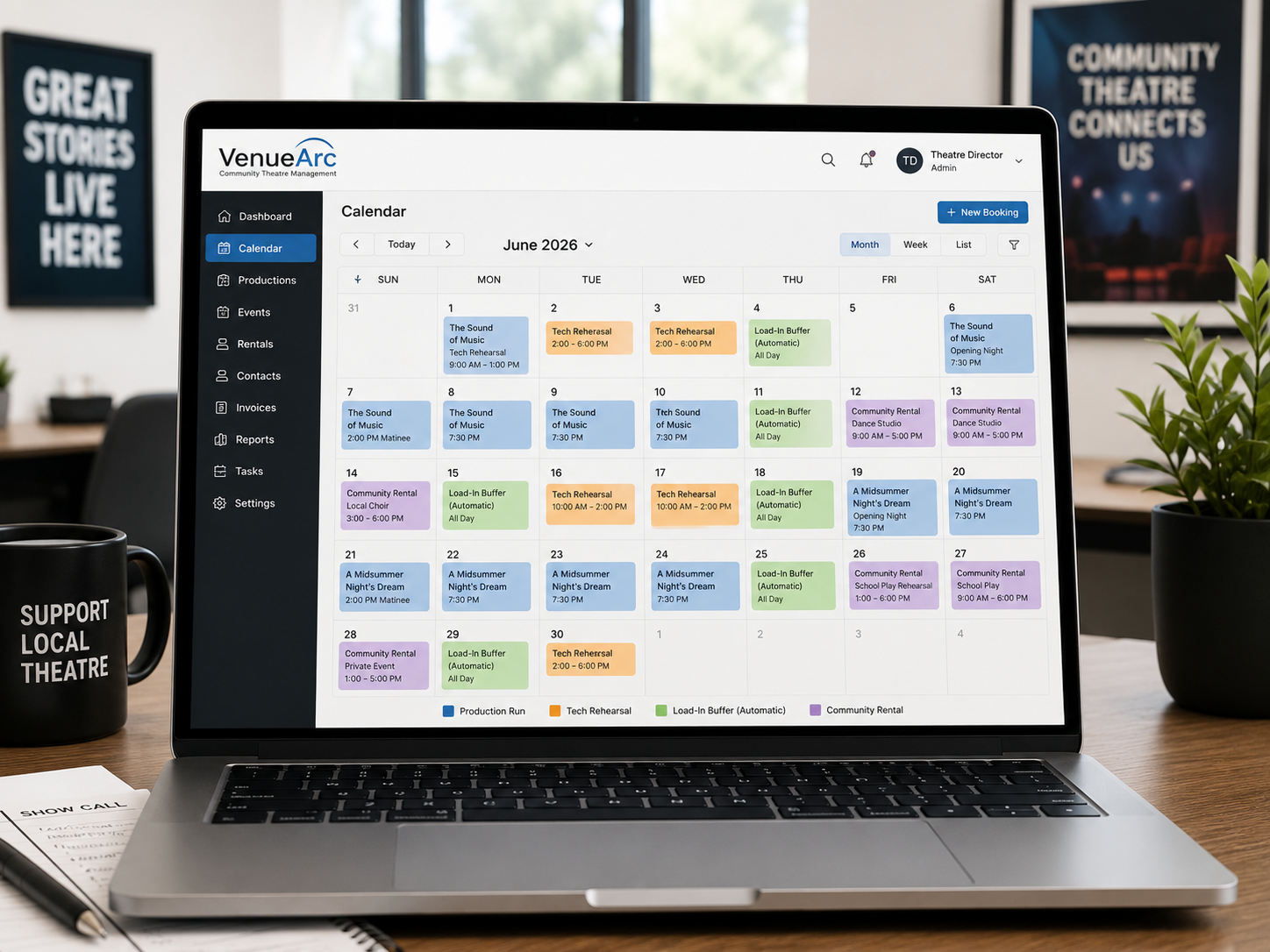 Digital theatre season calendar showing rehearsals, holds, and bookings in one view.
