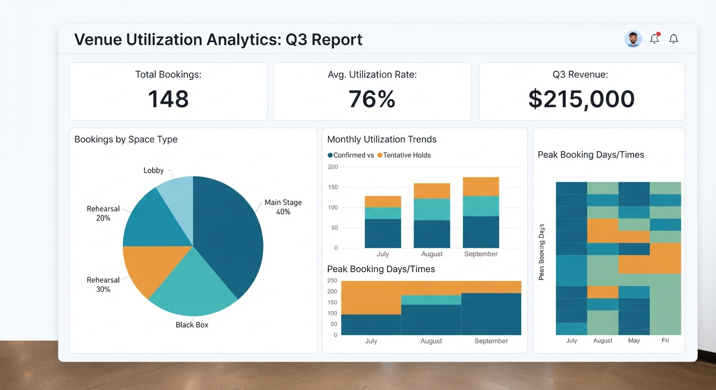Venue utilization analytics dashboard for bookings and revenue